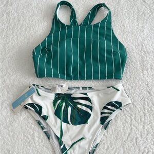 Cupshe Teal Striped Bikini with Leaf Print